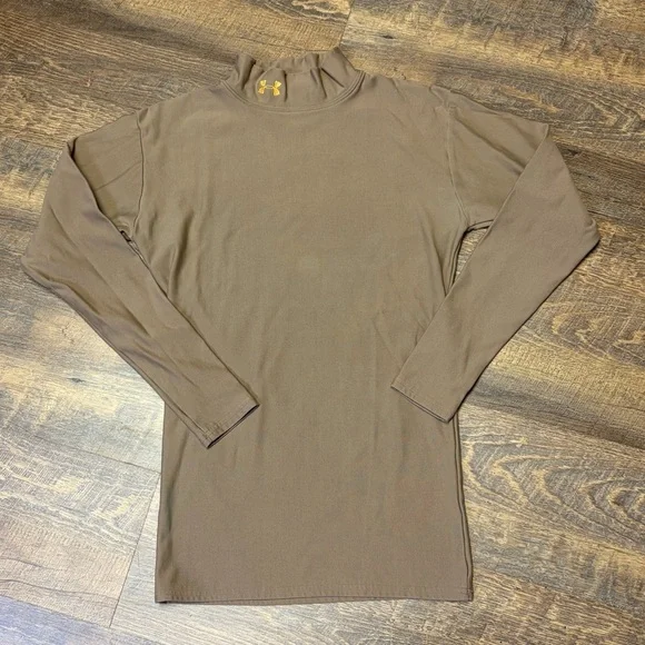 Under Armour Shirt ColdGear MockNeck Mens Medium Tan Brown Fitted Base Layer - Picture 1 of 9